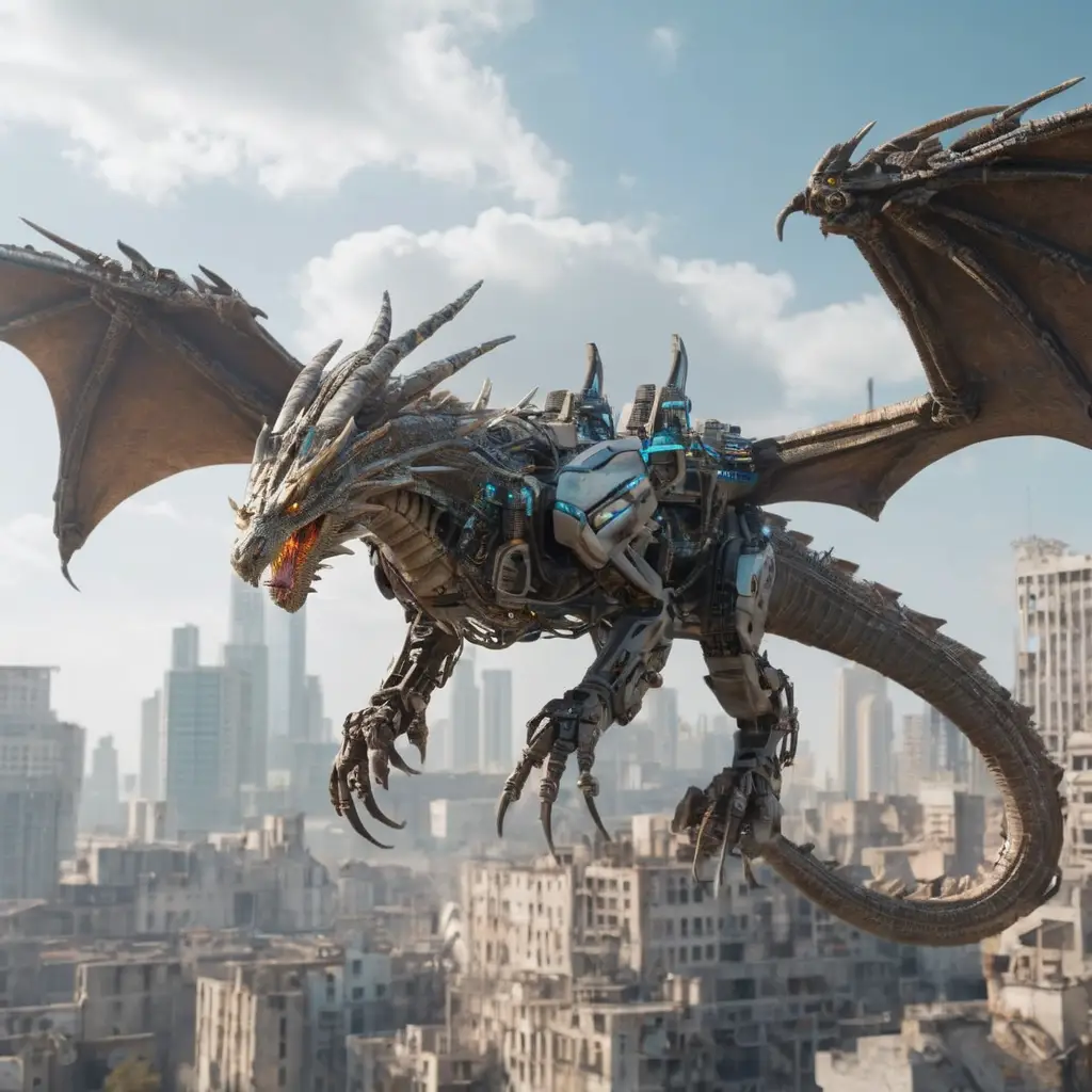 Cybernetic Dragon Above Ruins